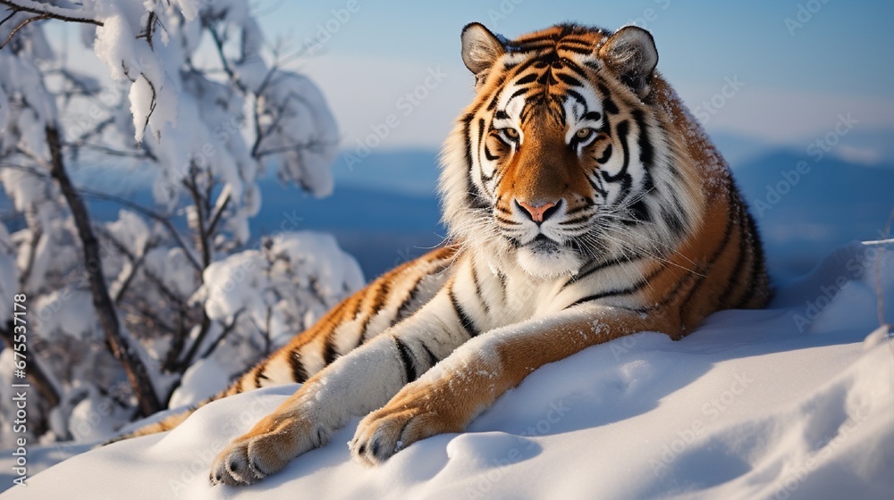 A Siberian tiger resting on a snowy hillside in the Russian Far East, its breath visible in the crisp winter air.