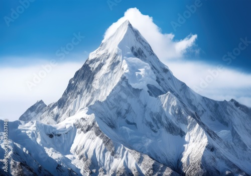 "Summit Majesty: A Majestic Snow-Capped Peak Standing Tall Against the Sky." Ai generated.
