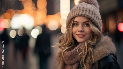 Generative AI, Beautiful young woman in the Christmas fair, blurred background, winter street market in Europe.