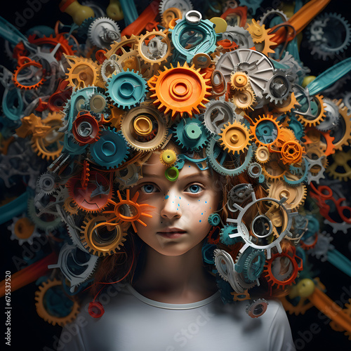 Abstract portrait of a young girl with colorful gears emerging from her head depicting neurodiversity photo