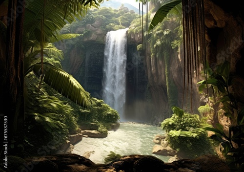 "Tropical Cascade: A Majestic Waterfall Framed by the Graceful Presence of a Palm Tree." Ai generated.