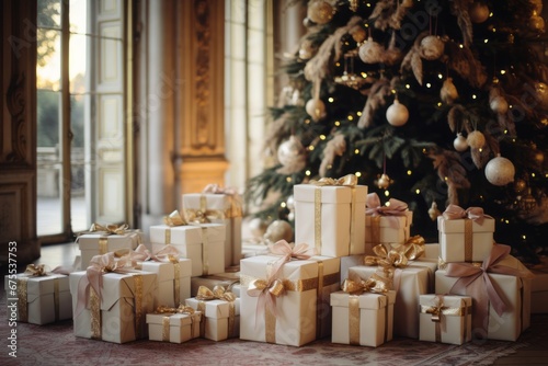 Christmas presents under a beautiful decorated tree in a big house