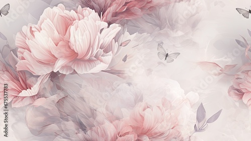  a bunch of pink flowers with a butterfly on a white and pink background with a butterfly in the middle of the photo. generative ai