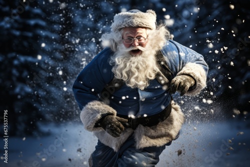 Santa Claus runs for presents, delivers Christmas presents. Smiling old man with a white beard