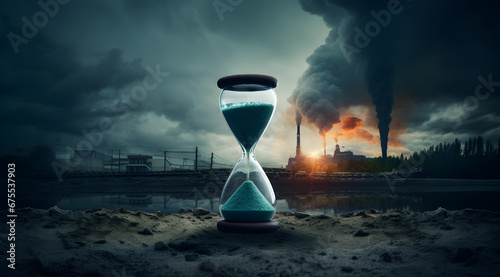 Hourglass on a sandy ground against a smoking factory backdrop, symbolizing the urgent fight against climate change.	
