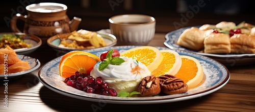 In the background of a cozy coffee shop during Ramadan a delicious breakfast spread is served on a white and orange plate placed on a rustic wood table with a tempting assortment of Turkish 