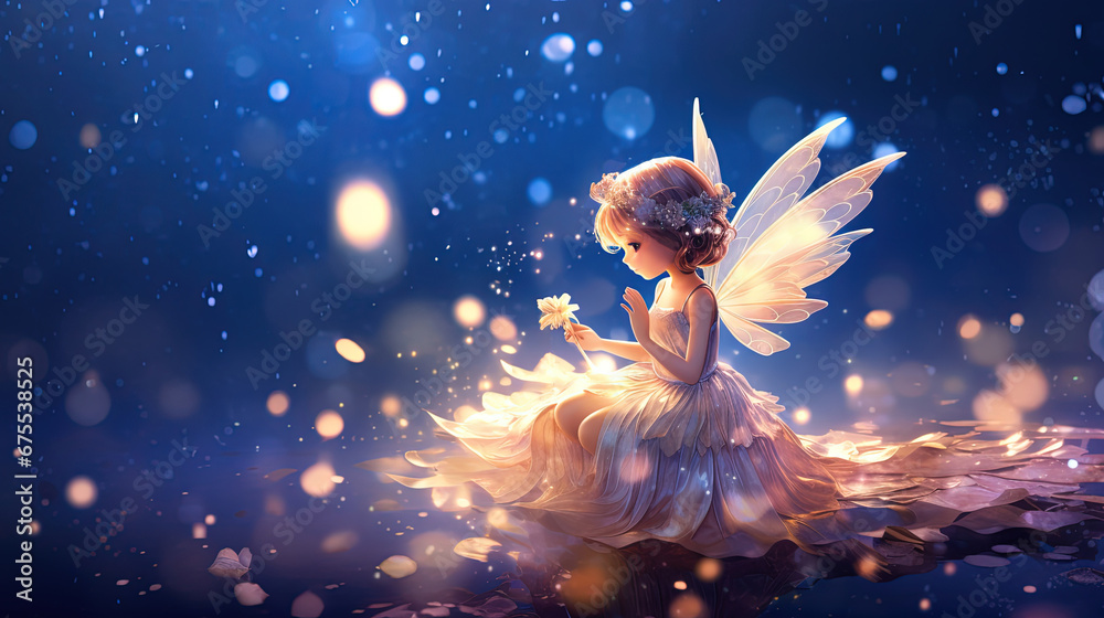 little girl fairy angel sitting on rock with firefly light glow around blue background, Generative Ai - obrazy, fototapety, plakaty 