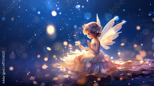 little girl fairy angel sitting on rock with firefly light glow around blue background, Generative Ai photo