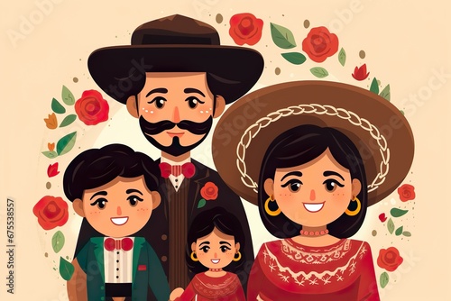 Mexican traditional culture icon cartoon illustration Mexican family dressed in traditional Mexican costume