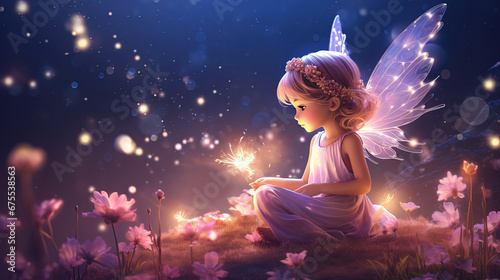 little girl fairy angel sitting on rock with firefly light glow around blue background, Generative Ai photo
