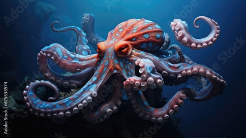  an octopus is swimming in the ocean with its tentacles curled around it's neck and it's eyes open.  generative ai © Anna