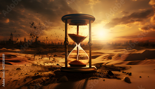 Hourglass on a sandy ground against a smoking factory backdrop, symbolizing the urgent fight against climate change. 