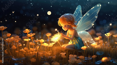 little girl fairy angel sitting on rock with firefly light glow around blue background, Generative Ai