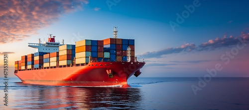 Fototapeta Naklejka Na Ścianę i Meble -  International Container Cargo ship in the ocean at sunset sky, Freight Transportation, Nautical Vessel