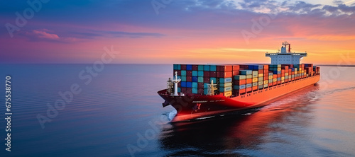 International Container Cargo ship in the ocean at sunset sky, Freight Transportation, Nautical Vessel