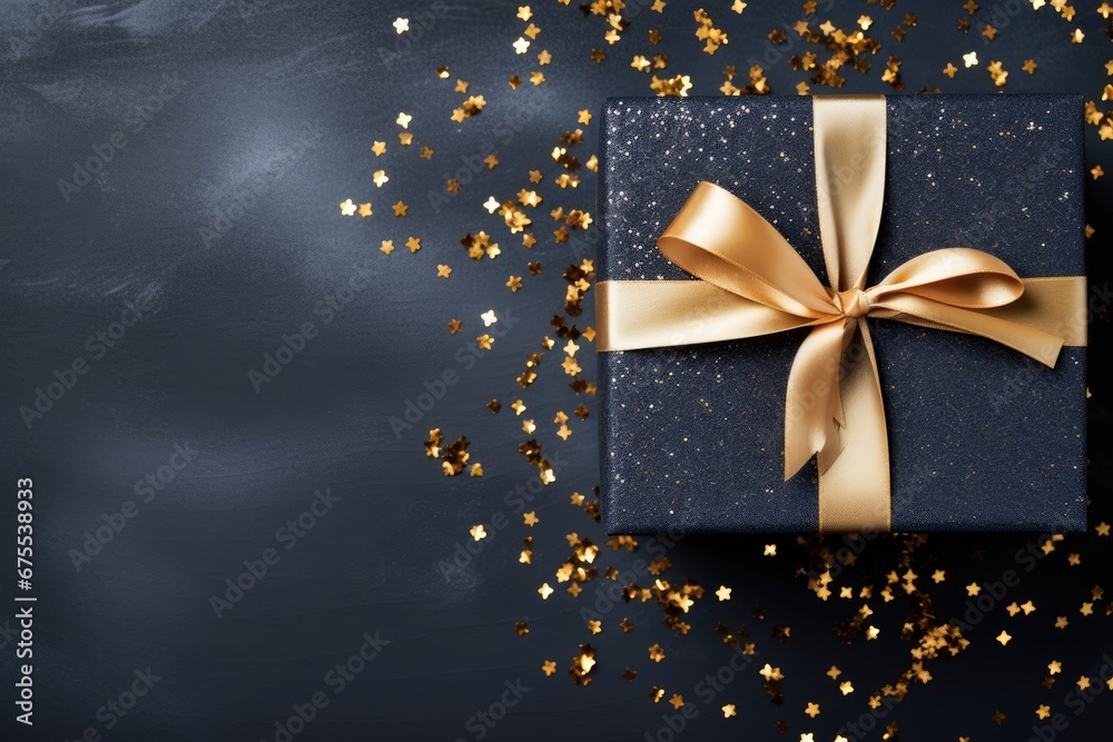 blue gift box with silk ribbon for christmas on dark background, Generative AI blue gift box with silk ribbon for christmas on dark background, Generative AI