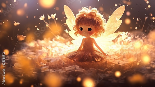 little girl fairy angel sitting on rock with firefly light glow around blue background, Generative Ai