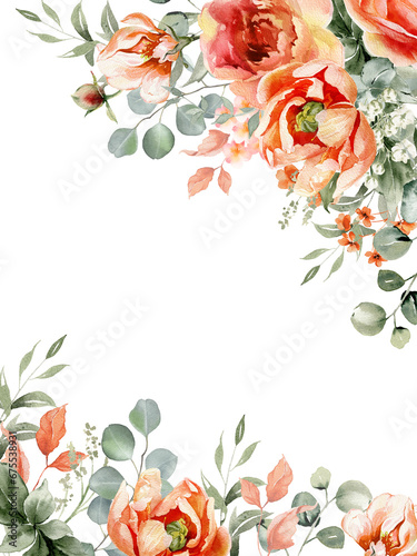 Watercolor floral illustration. Orange flowers eucalyptus greenery bouquet. Red roses, peach peony  border, wreath, frame. Perfect for wedding invitation,  stationary, greetings, fashion design
