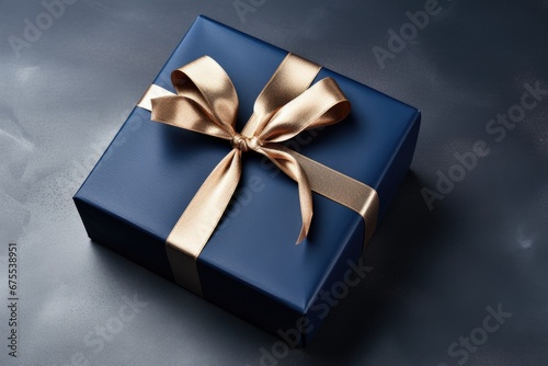 blue gift box with silk ribbon for christmas on dark background, Generative AI