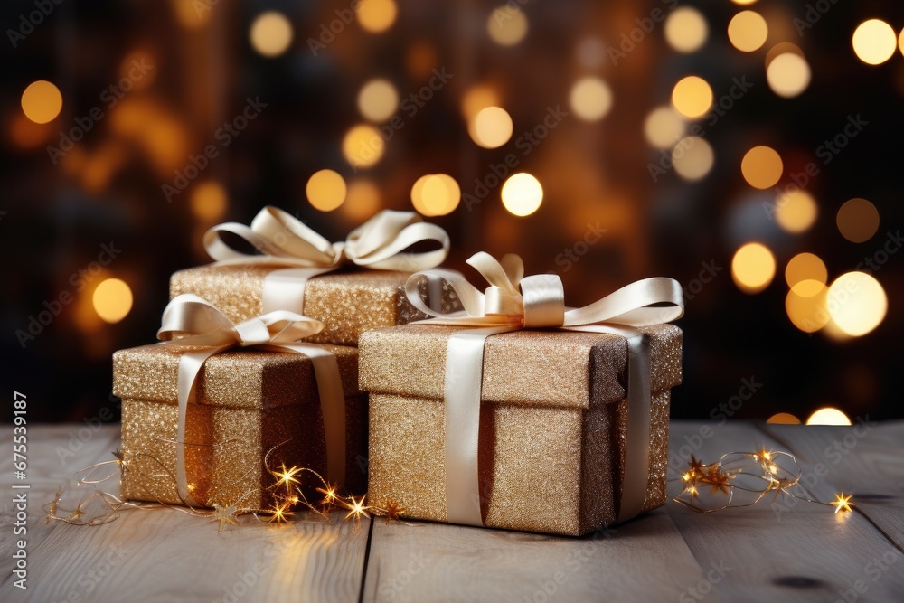 gift boxes on wooden background, close-up, Generative AI gift boxes on wooden background, close-up, Generative AI