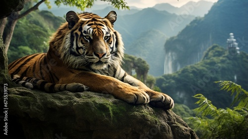 A South China tiger resting on a mossy rock ledge overlooking a picturesque valley in China.