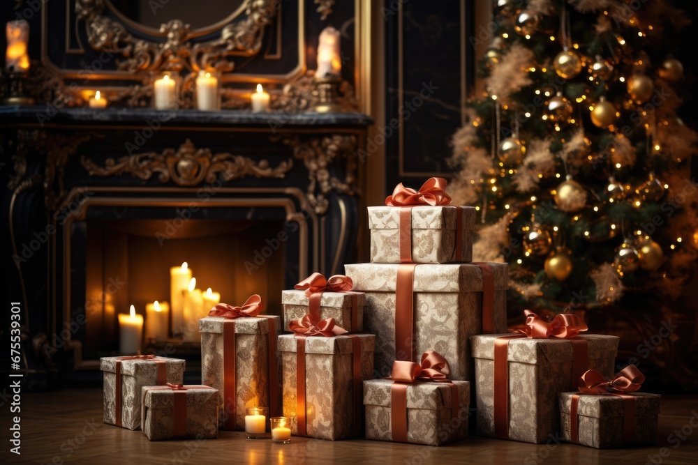 gift boxes on the background of a fireplace and Christmas tree, holiday, background. Generative AI gift boxes on the background of a fireplace and Christmas tree, holiday, background. Generative AI
