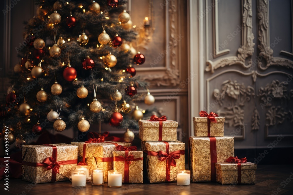gift boxes on the background of a fireplace and Christmas tree, holiday, background. Generative AI