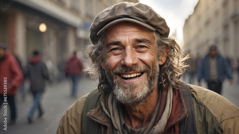 Portrait of happy homeless in the street