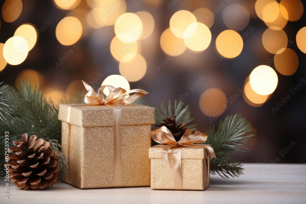 Golden gift boxes and pine cones on a blurred festive background, Christmas, Generative AI Golden gift boxes and pine cones on a blurred festive background, Christmas, Generative AI
