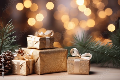 Golden gift boxes and pine cones on a blurred festive background, Christmas, Generative AI © 22_monkeyzzz