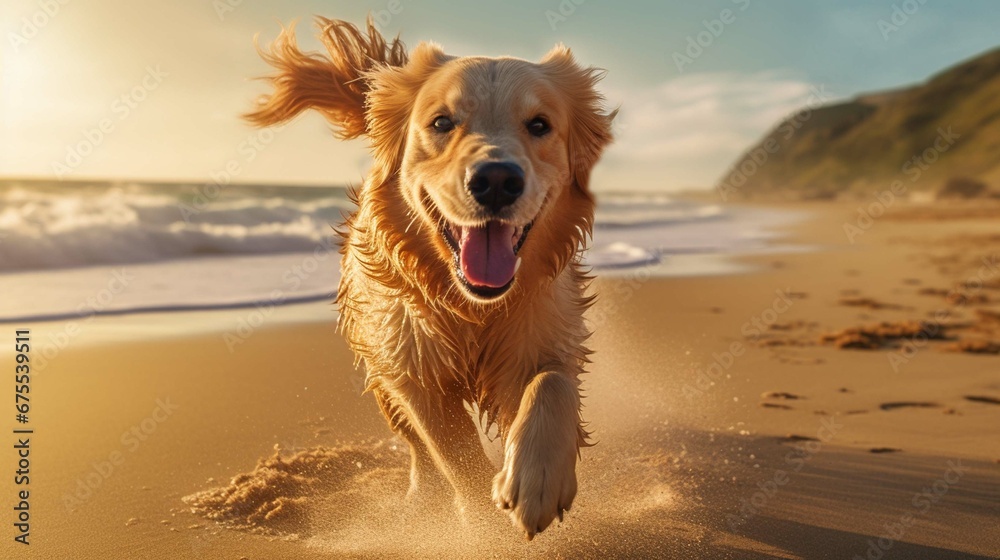 An enchanting 4K wallpaper featuring an award-winning photograph of a playful Golden Retriever running on a sandy beach. create using a generative ai tool 