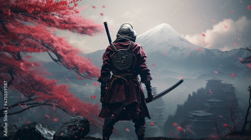 Epic samurai wallpaper from behind looking slightly to the right, face covered in the hood, insane. create using a generative ai tool  - obrazy, fototapety, plakaty 