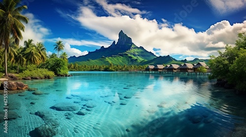 A peaceful and tranquil lagoon in Bora Bora, French Polynesia, with crystal-clear waters and overwater bungalows dotting the shoreline. create using a generative ai tool 