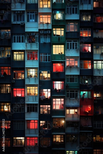 A building with many windows lit up at night. Generative AI.