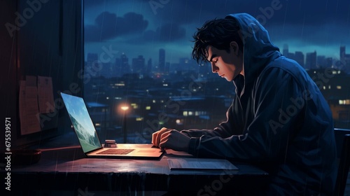 Cool Lofi boy studying at her desk Rainy or cloudy outside beautiful chill atmospheric wallpaper 4K streaming background. create using a generative ai tool  photo