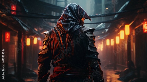 Epic samurai wallpaper from behind looking slightly to the right, face covered in the hood, insane. create using a generative ai tool 