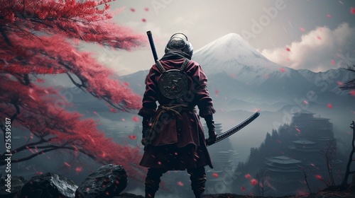 Epic samurai wallpaper from behind looking slightly to the right, face covered in the hood, insane. create using a generative ai tool  photo