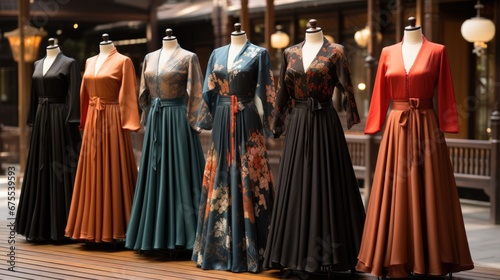 A row of dresses on display in a store. Generative AI.