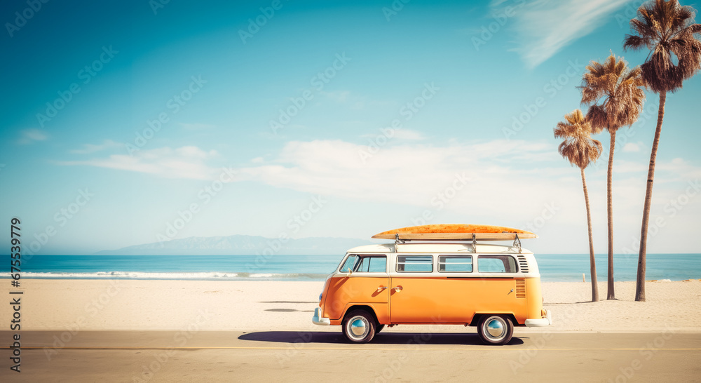 A vintage camper van with surfboard on a sunny beach, framed by palm trees, nostalgic vibes. Generated AI. - obrazy, fototapety, plakaty 