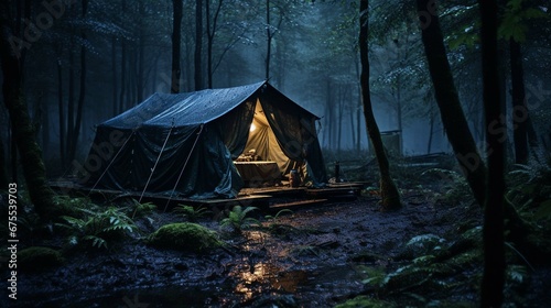 rain on the tent in the forest, tropic, quiet, calm, peaceful, meditation, camping, night, relax. create using a generative ai tool 
