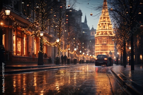 city street in winter, exteriors of houses decorated for Christmas or New Year's holiday, snow, street lights, festive environment © soleg