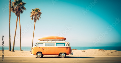 A vintage camper van with surfboard on a sunny beach, framed by palm trees, nostalgic vibes. Generated AI.