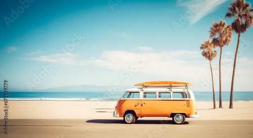 A vintage camper van with surfboard on a sunny beach, framed by palm trees, nostalgic vibes. Generated AI.