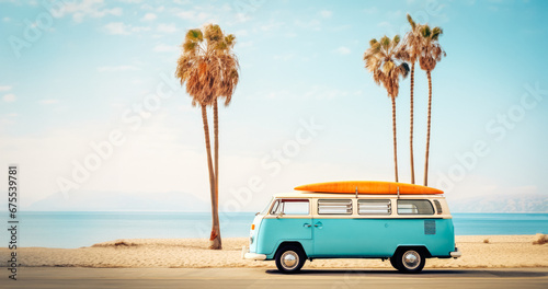 Fototapeta Naklejka Na Ścianę i Meble -  A vintage camper van with surfboard on a sunny beach, framed by palm trees, nostalgic vibes. Generated AI.
