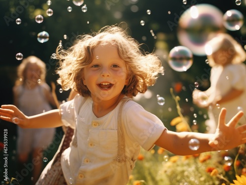 A little girl is playing with bubbles in a field. Generative AI.
