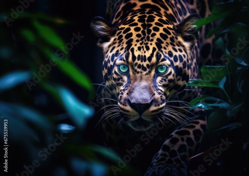A close-up of a leopard s face with green eyes. Generative AI.