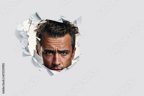 Man peering through a torn paper hole with a focused and intense expression.