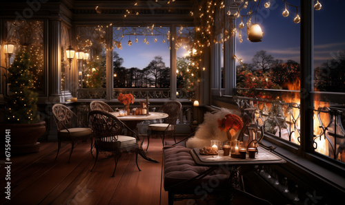 Interior of a cozy terrace in the evening with a Christmas tree.