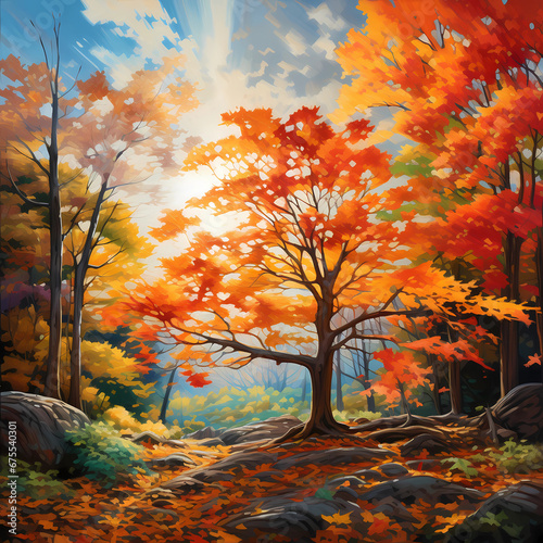 autumn landscape with trees and sun