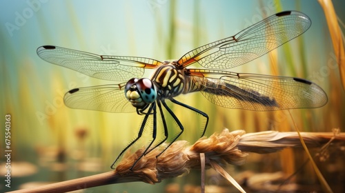  a close up of a dragon fly on a twig with grass in the back ground and a blue sky in the background.  generative ai © Anna